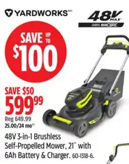 Canadian Tire Yardworks 48V 3-in-1 Brushless Self-Propelled Mower, 21 with 6Ah Battery & Charger offer