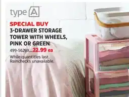 Canadian Tire TYPE A 3-DRAWER STORAGE TOWER WITH WHEELS, PINK OR GREEN offer