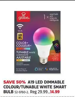 Canadian Tire A19 LED DIMMABLE COLOUR/TUNABLE WHITE SMART BULB offer