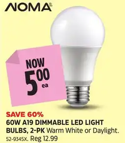 Canadian Tire 60W A19 DIMMABLE LED LIGHT BULBS offer