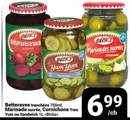 Pasquier Betteraves tranchées 750ml, Marinade sucrée, Cornichons Yum Yum ou Sandwich 1 L Bicks offer