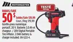 Canadian Tire MOTOMASTER 20V Digital Portable Tire Inflator. 2.0Ah battery & charger included offer