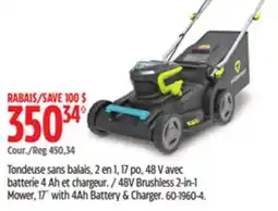 Canadian Tire Yardworks 48V Brushless 2-in- Mower, 17 with 4Ah Battery & Charger offer