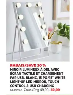 Canadian Tire CANVAS PO/15 WHITE LIGHT-UP LED MIRROR, TOUCH CONTROL & USB CHARGING offer