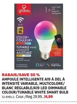 Canadian Tire Globe A19 LED DIMMABLE COLOUR/TUNABLE WHITE SMART BULB offer