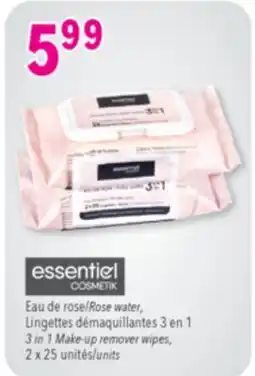 Familiprix Essentiel Cosmetik 3-in-1 rose water make-up remover wipes combo pack 2X25un offer