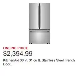 Costco KitchenAid 36 in. 31 cu ft. Stainless Steel French Door Refrigerator with Interior Water Dispenser offer