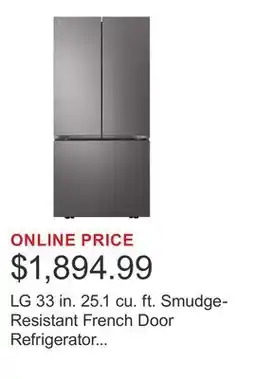 Costco LG 33 in. 25.1 cu. ft. Smudge-Resistant French Door Refrigerator with Ice Maker in Freezer offer