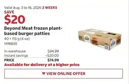 Costco Beyond Meat frozen plant- based burger patties offer