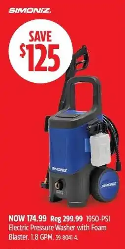 Canadian Tire SIMONIZ 1950-PSI Electric Pressure Washer with Foam Blaster offer