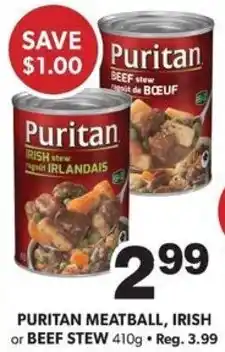 Colemans Puritan meatball, irish or beef stew offer