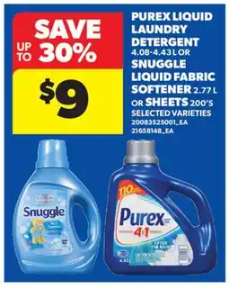 Real Canadian Superstore PUREX LIQUID LAUNDRY DETERGENT, 4.08-4.43L OR SNUGGLE LIQUID FABRIC SOFTENER, 2.77L OR SHEETS, 200'S offer