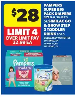 Real Canadian Superstore PAMPERS SUPER BIG PACK DIAPERS, SIZE N-8, 36-124'S OR SIMILAC GO & GROW STEP 3 TODDLER DRINK offer