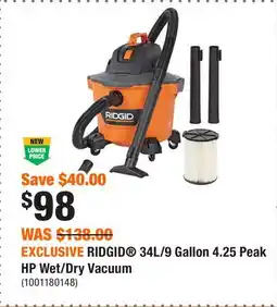 Home Depot EXCLUSIVE RIDGID 34L/9 Gallon 4.25 Peak HP Wet/Dry Vacuum offer