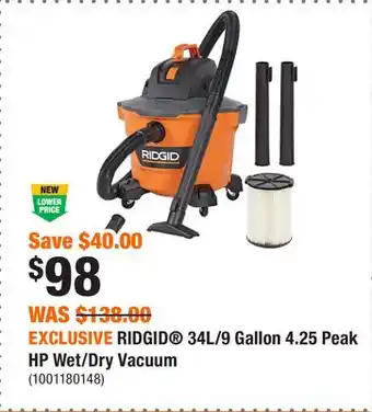 Home Depot EXCLUSIVE RIDGID 34L/9 Gallon 4.25 Peak HP Wet/Dry Vacuum offer