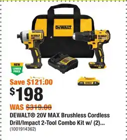 Home Depot DEWALT 20V MAX Brushless Cordless Drill/Impact 2-Tool Combo Kit w/ (2) 2Ah Battery, Charger & Bag offer