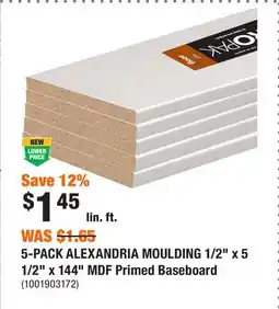 Home Depot 5-PACK ALEXANDRIA MOULDING 1/2 x 5 1/2 x 144 MDF Primed Baseboard offer