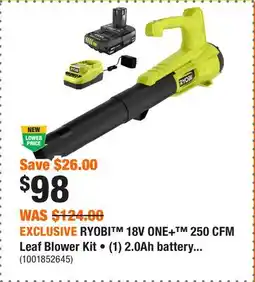 Home Depot EXCLUSIVE RYOBI 18V ONE+ 250 CFM Leaf Blower Kit • (1) 2.0Ah battery and charger offer