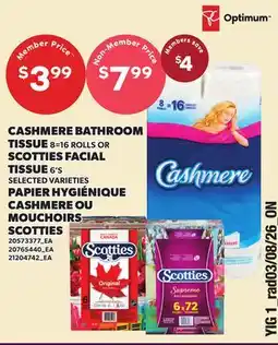 Independent Grocer CASHMERE BATHROOM TISSUE, 8=16 ROLLS OR SCOTTIES FACIAL TISSUE, 6'S offer