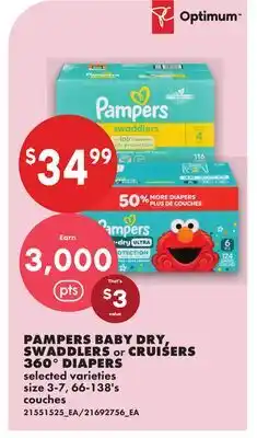 No Frills PAMPERS BABY DRY, SWADDLERS or CRUISERS 360° DIAPERS, size 3-7, 60-138's offer