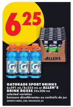 No Frills GATORADE SPORT DRINKS, 6x591 ml (8x355 ml) or ALLEN'S DRINK BOXES, 24x200 ml offer