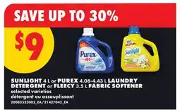 No Frills SUNLIGHT 4 L or PUREX 4.08-4.43 L LAUNDRY DETERGENT or FLEECY 3.5 L FABRIC SOFTENER offer