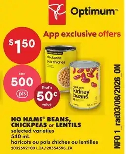 No Frills NO NAME BEANS, CHICKPEAS OR LENTILS offer