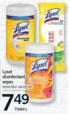Fortinos LYSOL DISINFECTANT WIPES, 75/84'S offer