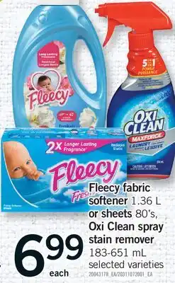 Fortinos FLEECY FABRIC SOFTENER, 1.36 L OR SHEETS, 80'S, OXI CLEAN SPRAY STAIN REMOVER offer