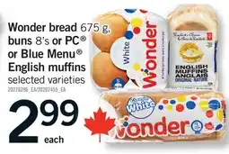 Fortinos WONDER BREAD, 675 G, BUNS, 8'S OR PC OR BLUE MENU ENGLISH MUFFINS offer