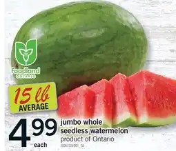 Fortinos JUMBO WHOLE SEEDLESS WATERMELON offer