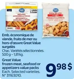 Walmart Great Value frozen meat, seafood or appetizers value packs offer