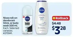 Walmart Nivea roll-on deodorant 50mL or body wash 500mL offer