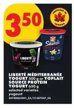 No Frills LIBERTÉ Méditerranée Yogurt or YOPLAIT Source Protein Yogurt offer
