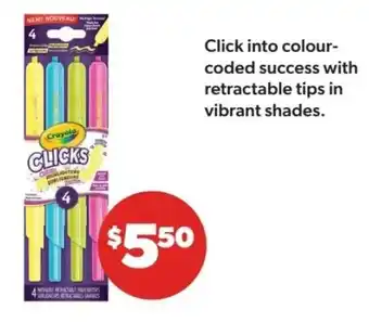 Click into colour- coded success with retractable tips in vibrant shades.