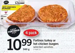 Loblaws Fortinos turkey or hot chicken burgers offer
