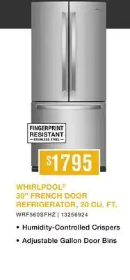 Leon's Whirlpool 29.5 20 Cu. Ft. Stainless Steel French Door Refrigerator - WRF560SFHZ offer