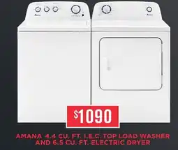Leon's AMANA 4.4 CU. FT. I.E.C. TOP LOAD WASHER AND 6.5 CU. FT. ELECTRIC DRYER offer