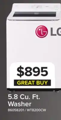 Leon's LG White Mega Capacity Smart Top Load Washer with AI Sensing (5.8 Cu. Ft) - WT8200CW offer