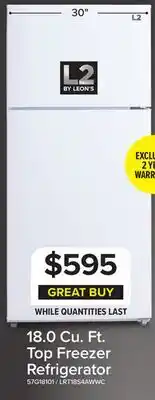 Leon's L2 29.5 18 Cu. Ft. White Top-Freezer Refrigerator - LRT18S4AWWC offer