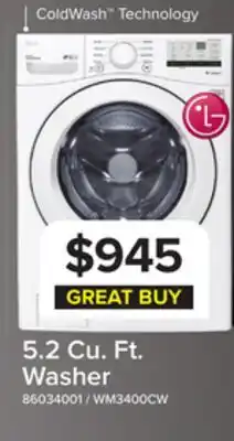 Leon's LG White Front Load Washer with 6Motion Technology (5.2 Cu.Ft) - WM3400CW offer