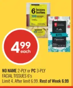 Shoppers Drug Mart NO NAME 2-PLY or PC 3-PLY FACIAL TISSUES 6's offer