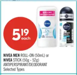 Shoppers Drug Mart NIVEA MEN ROLL-ON (50mL) or NIVEA STICK (50g - 52g) ANTIPERSPIRANT/DEODORANT offer