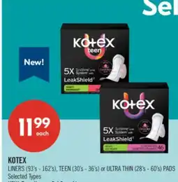 Shoppers Drug Mart KOTEX LINERS (93's - 162's), TEEN (30's - 36's) or ULTRA THIN (28's - 60's) PADS offer