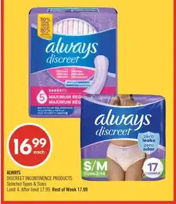 Shoppers Drug Mart ALWAYS DISCREET INCONTINENCE PRODUCTS offer