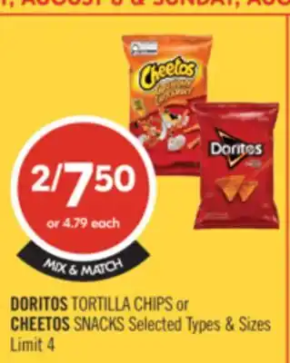 Shoppers Drug Mart DORITOS TORTILLA CHIPS or CHEETOS SNACKS offer