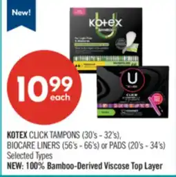 Shoppers Drug Mart KOTEX CLICK TAMPONS (30's - 32's), BIOCARE LINERS (56's - 66's) or PADS (20's - 34's) offer