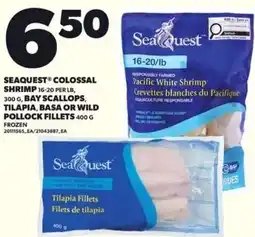 Independent Grocer Seaquest colossal shrimp , bay scallops, tilapia, basa or wild pollock fillets offer