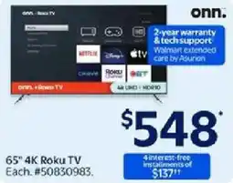 Walmart onn. 65" 4K Roku TV offer