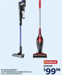 Walmart Eureka RapidClean or Dirt Devil Versa cordless stick vac offer